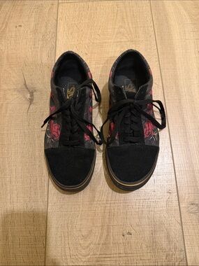 Black Vans Sneakers with Red Floral Accent